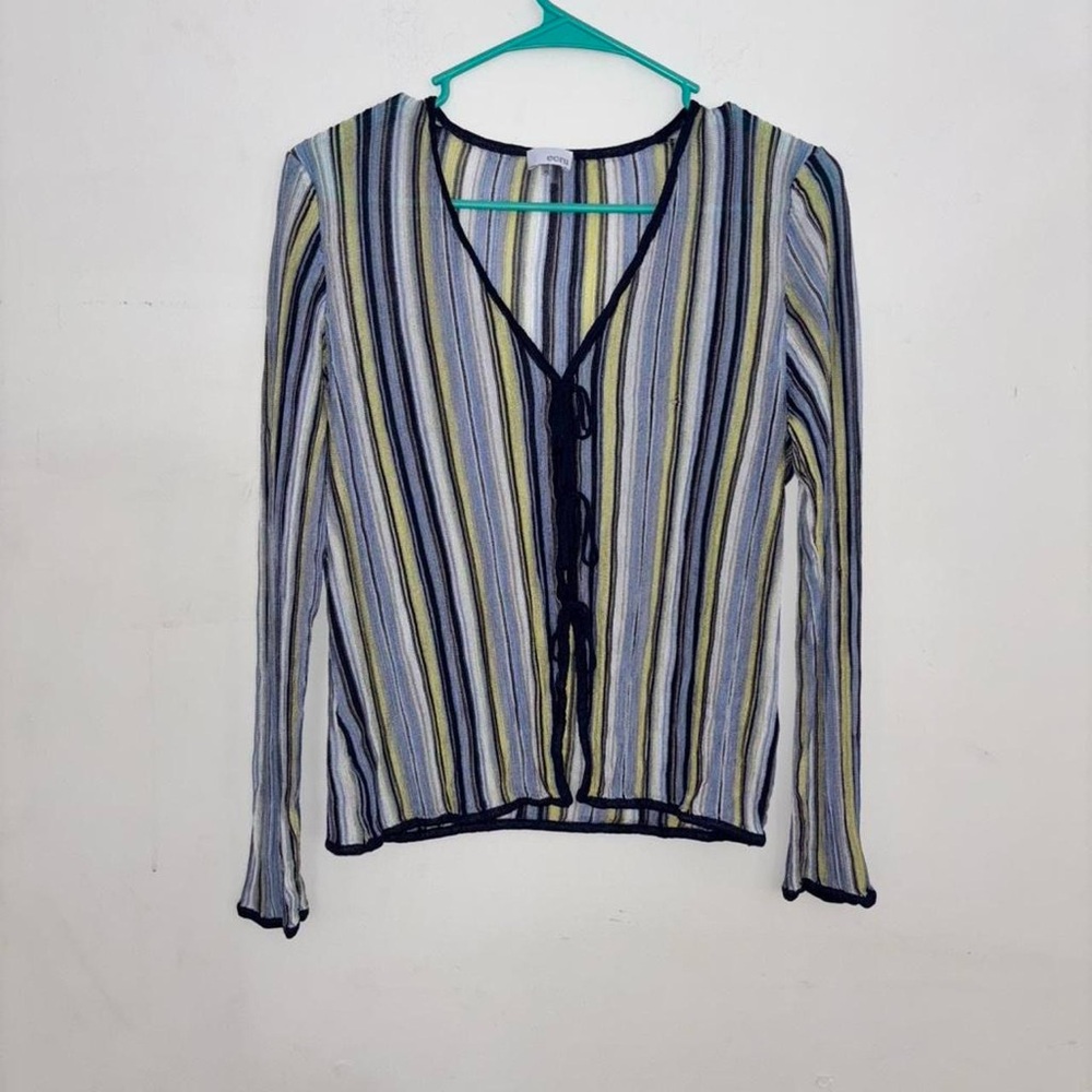 Ecru Rayon Blue & Yellow Striped Lace-Up Blouse Size M